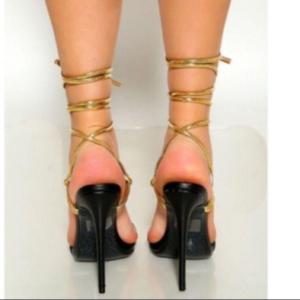 Black & Gold Ankle Wrap Heels - Picture 4 of 8